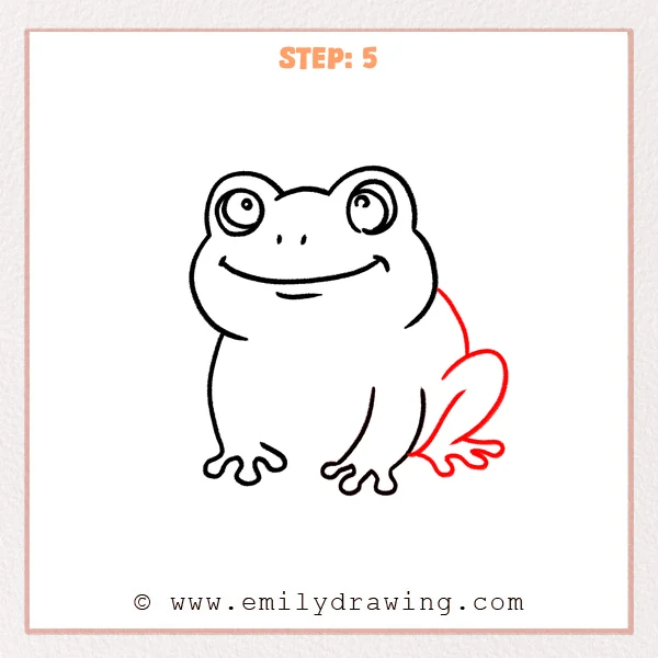 how to draw a cartoon frog - A cartoon frog with its rounded body completed, plus a new curved back leg and a larger spread-toe back foot drawn on the right.